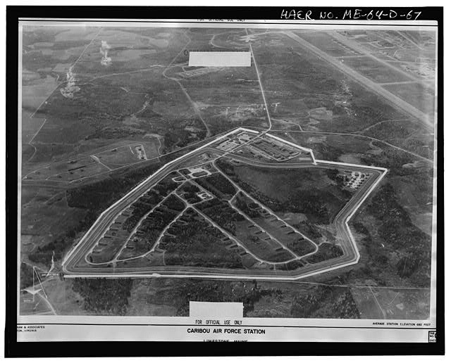 67.  COPY OF UNDATED OBLIQUE AERIAL PHOTOGRAPH SHOWING WEAPONS STORAGE AREA, FROM MASTER PLAN OF CARIBOU AFS.  PHOTOGRAPH, PROBABLY TAKEN IN THE 1960'S LOCATED AT AIR FORCE BASE CONVERSION AGENCY, LORING AIR FORCE BASE, MAINE. - Loring Air Force Base, Weapons Storage Area, Northeastern corner of base at northern end of Maine Road, Limestone, Aroostook County, ME