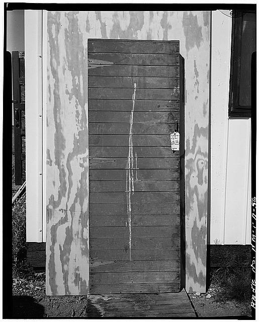 56.  MCDONALD RANCH: DETAIL OF WOOD PANTRY DOOR, PROBABLY TO BASEMENT OF ICE HOUSE - White Sands Missile Range, Trinity Site, Vicinity of Routes 13 & 20, White Sands, Dona Ana County, NM