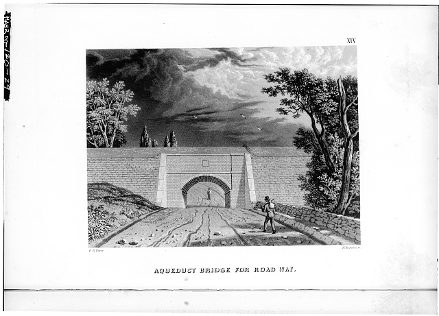 29.  Photocopied October 1976, from b.f.Tower, Illistrations of the Croton Aqueduct, New York, Wiley and Putnam, 1843. AQUEDUCT BRIDGE FOR ROADWAY, PROBABLY JUST NORTH OF TARRYTOWN, PLATE XIV, PAGE 103. - Old Croton Aqueduct, New York County, NY