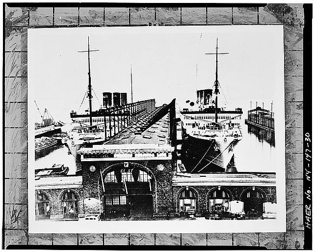 30.  Photocopy of photograph (Frank O. Braynard Collection, Sea Cliff, NY), date and photographer unknown, probably c1935-40 VIEW NORTHWEST OF WEST 55TH ST. PIER INSHORE FACADE; QUEEN OF BERMUDA AND MONARCH OF BERMUDA MOORED ON EITHER SIDE. - West 55th Street & West 56th Street Piers, Hudson River at West Fifty-fifth & West Fifty-sixth Streets, Manhattan, New York County, NY