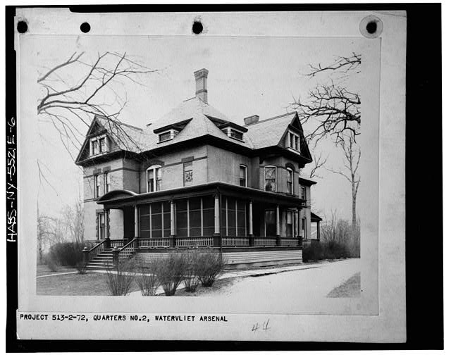 6.  Photograph of a photograph in possession of the Watervliet Arsenal Museum, New York. NORTHEAST (FRONT) AND NORTHWEST ELEVATIONS. PROBABLY TAKEN DURING THE 1930S. - Watervliet Arsenal, Building No. 2, Bricker Lane, South of Stewart Road, Watervliet, Albany County, NY