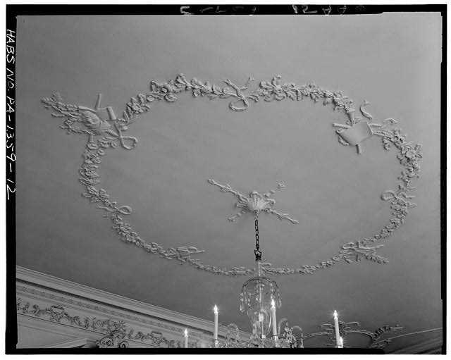 12.  DETAIL OF BALLROOM CEILING, PLASTER DECORATION (PROBABLY A REPLACEMENT), LOOKING NORTHWEST (1967) - Samuel Powel House, 244 South Third Street, Philadelphia, Philadelphia County, PA