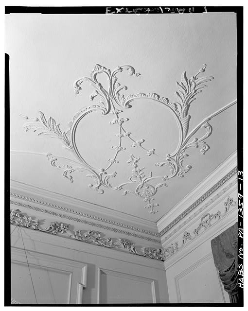 13.  DETAIL OF BALLROOM CEILING, PLASTER DECORATION (PROBABLY A REPLACEMENT), LOOKING NORTHEAST (1967) - Samuel Powel House, 244 South Third Street, Philadelphia, Philadelphia County, PA