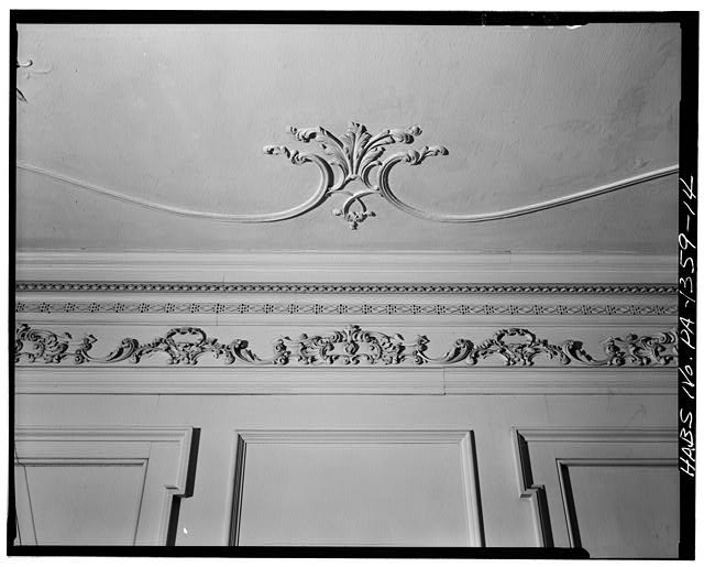 14.  DETAIL OF BALLROOM CEILING, PLASTER DECORATION (PROBABLY A REPLACEMENT), LOOKING NORTH (1967) - Samuel Powel House, 244 South Third Street, Philadelphia, Philadelphia County, PA