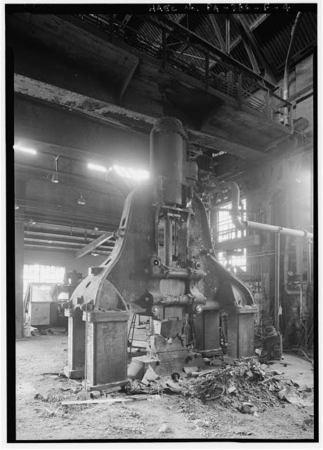 Interior of shop, detail of 8,000 pound forging hammer (this hammer was probably manufactured the Chambersburg Engineering Company of Chambersburg, Pennsylvania), looking east - Bethlehem Steel Corporation, South Bethlehem Works, Tool Steel-Electric Furnace Shop, Along Lehigh River, North of Fourth Street, West of Minsi Trail Bridge, Bethlehem, Northampton County, PA
