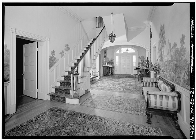 21.  STAIRHALL, FIRST FLOOR, FROM WEST. NOTE BRASS NEWELL (probably an original feature of house) - Fairvue, U.S. Highway 31-E, Gallatin, Sumner County, TN