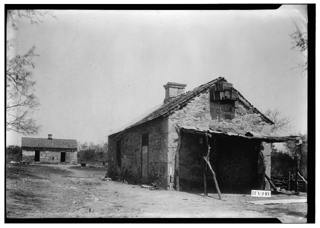 3.  Historic American Buildings Survey, Arthur W. Stewart, Photographer March 27, 1936 COTTAGE #1, PROBABLY SLAVE QUARTERS, SOUTHWEST ELEVATION (SOUTH END AND WEST SIDE). - Beauregard Ranch Buildings, South of Poth, Poth, Wilson County, TX