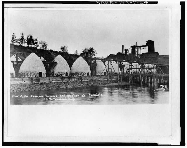 24.  Photocopy of photograph. VIEW OF CHARCOAL KILNS AND IRON PLANT FROM SOUTH END OF BEACH, probably 1901. (From the Robert Teagle Private Collection, Port Townsend, WA) - Irondale Iron & Steel Plant, Port Townsend, Jefferson County, WA